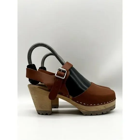 Freja Clogs Women Size 6.5 Cinnamon Brown Leather Sweden Wood Rubber Base Mules - Picture 1 of 6